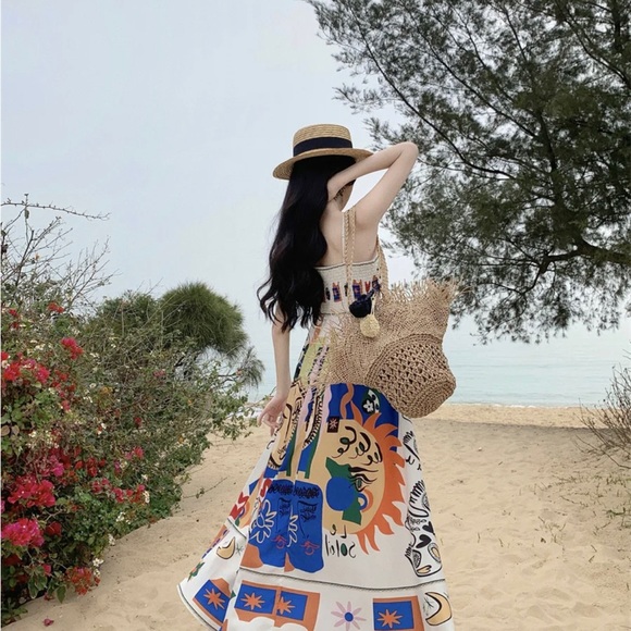 (last 1) 24hr SALE💗Ete Ensoleillé boho french print summer midi dress resort - Picture 7 of 9